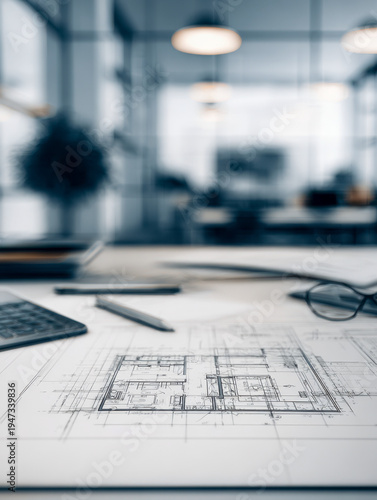 Detailed architectural floor plan drawing on a desk with pen and glasses in a modern office environment with blurred background and soft lighting