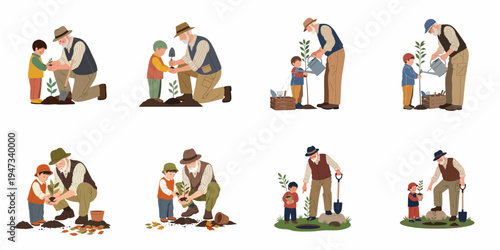 Set of illustrations featuring a grandfather and grandson planting trees and gardening together, depicting intergenerational bonding, learning, and environmental care.