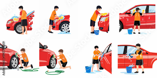 Set of illustrations depicting a young boy washing and cleaning a red car using a sponge, bucket, and soapy water on white background.