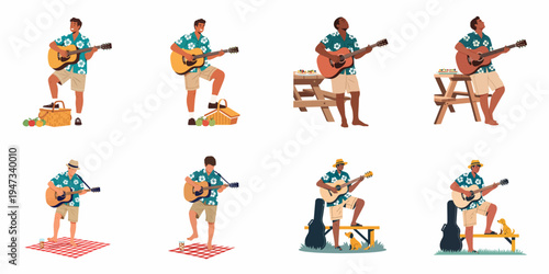 Set of illustrations featuring men in Hawaiian shirts playing acoustic guitars during outdoor summer picnics and leisure activities.