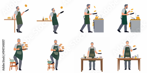 Collection of vector illustrations featuring a cheerful senior man cooking and flipping pancakes in a kitchen setting, wearing a green apron.