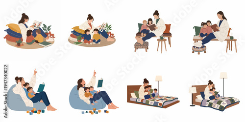 Collection of illustrations depicting a mother reading stories to her children in various cozy home settings, emphasizing family bonding and education.