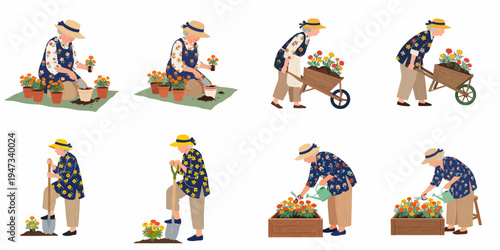 Collection of senior woman character illustrations engaged in various gardening activities such as planting, digging, watering, and pushing a wheelbarrow.