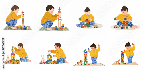 Set of illustrations depicting a toddler happily playing and building towers with colorful wooden blocks on various rugs, promoting early childhood development.