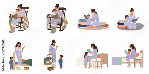 Illustration set of a mother and her children during their evening bedtime routine, featuring reading stories and sitting in a rocking chair.