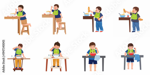 Set of illustrations showing a messy little boy enjoying a meal of spaghetti and meatballs at the dining table.
