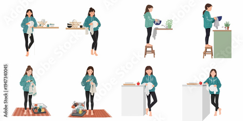 Set of illustrations featuring a young girl doing chores like washing and drying dishes in the kitchen, wearing a green hoodie.