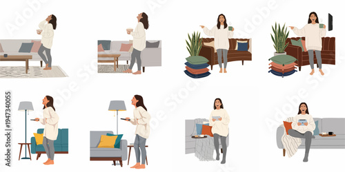Lifestyle illustrations of a cheerful young woman enjoying leisure activities, laughing, and relaxing in various cozy living room settings at home.