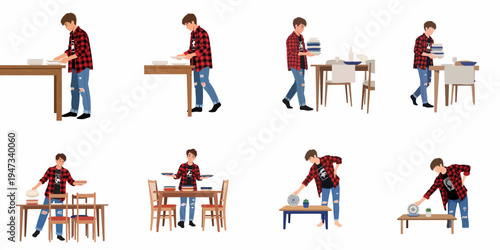 Illustrations of a young man setting a dining table and carrying stacks of plates in different poses, isolated on white background.