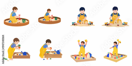 Set of vector illustrations depicting a young boy in yellow overalls playing with sand and toys in different sandboxes.