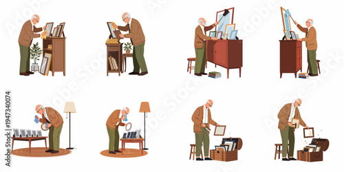 Elderly Man Carefully Cleaning and Looking at Old Framed Photographs and Memories in Various Scenes at Home