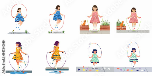 Set of illustrations depicting young girls in colorful dresses jumping rope and playing outdoors in various scenes promoting a healthy and active childhood