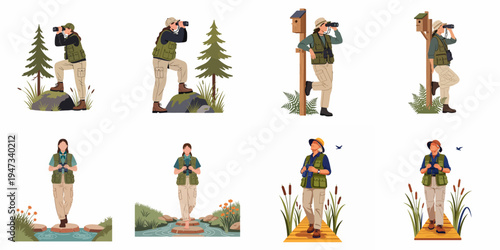 Vector illustrations of women engaged in birdwatching and nature observation across various outdoor environments like forests and wetlands.