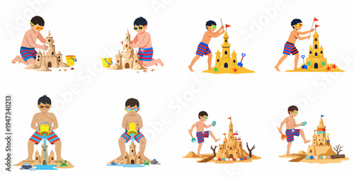 Set of cartoon illustrations featuring a young boy in goggles building, decorating, and playing with detailed sandcastles on a sunny beach.