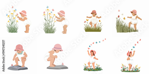 Set of illustrations featuring a baby girl in a white romper and pink hat exploring nature, interacting with butterflies, flowers, and grass.