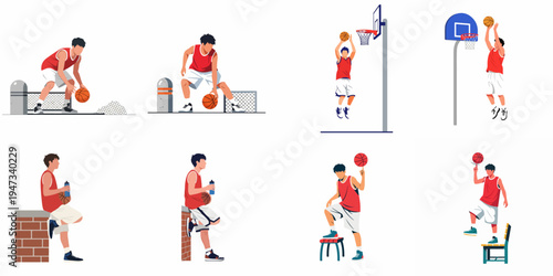 Set of basketball player flat vector illustrations showing various actions like dribbling, shooting, and resting on a white background.