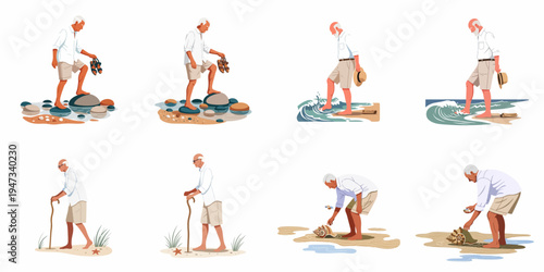 Collection of illustrations depicting an elderly man enjoying various beach activities including rock walking, wading in waves, walking with a cane, and collecting seashells.