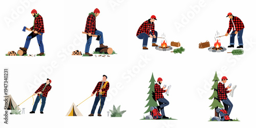 Set of vector illustrations featuring a man in a red plaid shirt engaged in outdoor activities like camping, chopping wood, and navigating with a map.