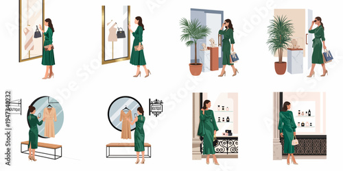 Set of flat vector illustrations depicting an elegant woman in a green dress during various shopping experiences at luxury boutiques and stores.