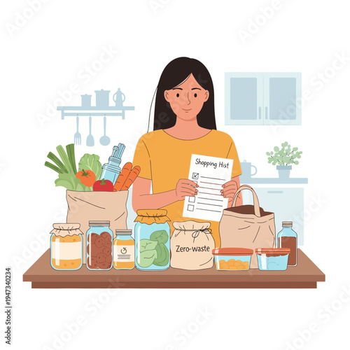 Woman organizing zero waste groceries with a shopping list