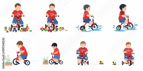 Set of eight illustrations featuring a young boy in a red shirt riding a red tricycle through various playful activities and adventures.