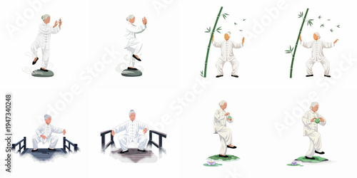Collection of flat vector illustrations depicting an elderly woman practicing Tai Chi in various traditional poses and serene natural settings.