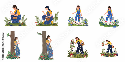 Collection of flat illustrations showing young girls and women picking wild berries in a forest, featuring various poses and activities in nature.