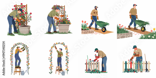 Flat illustration set of male gardeners performing various yard work tasks like pruning roses, using a wheelbarrow, and maintaining flower arches.