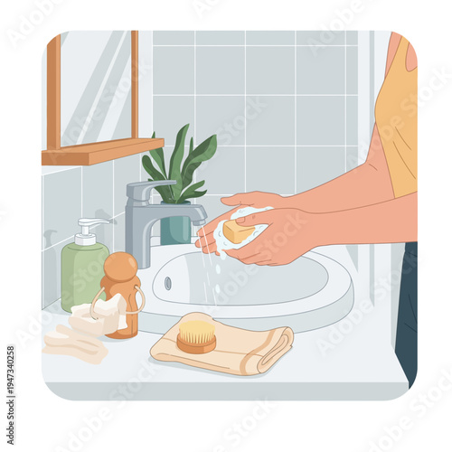 Woman Washing Hands with Bar Soap in a Bathroom Sink