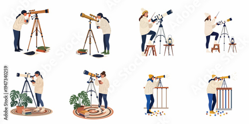 Collection of illustrations depicting a young woman stargazing with a telescope in various cozy settings, from home balconies to indoor study spaces.