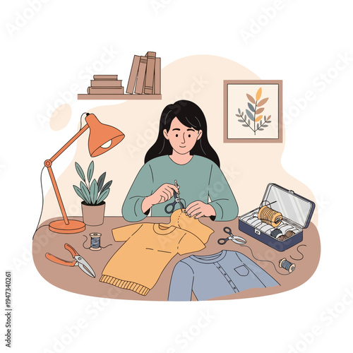Woman Repairing Clothes with Sewing Tools at Her Desk
