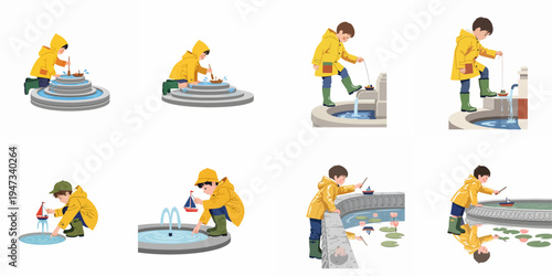 Set of illustrations featuring a boy in a yellow raincoat playing with toy boats in various park fountains, isolated on a white background.