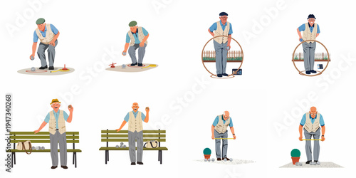 Set of flat vector illustrations depicting active senior men playing petanque, throwing boules, measuring distances, and enjoying outdoor recreational sports on a white background.