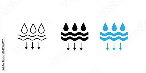 Minimal outline icon set.  representing water infiltration into the ground. Suitable for concepts related to hydrology, environmental science, natural water cycles, and ecological sustainability.