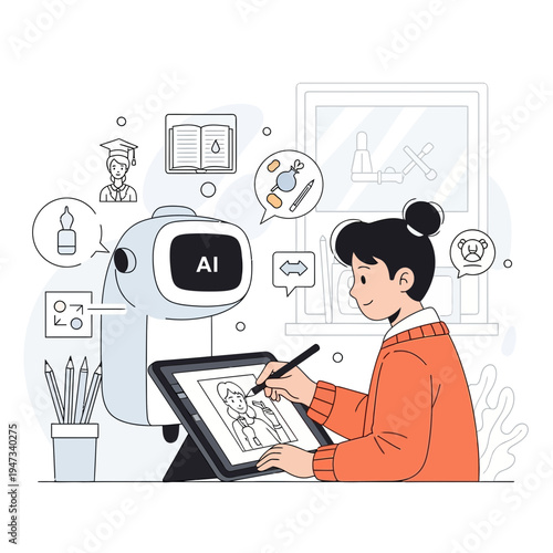 Young Student Using AI Robot Assistant for Digital Art and Learning