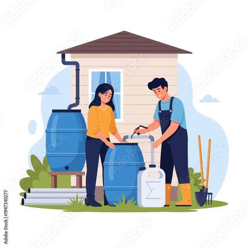 Young couple installing rainwater harvesting system outside house