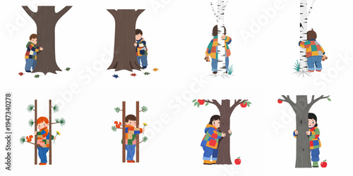 Vector illustration set of a cute child in a colorful patchwork jacket playing and hiding behind various trees including birch, oak, and apple.