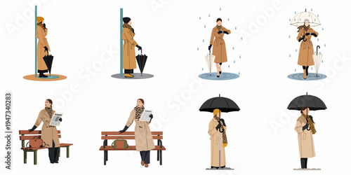 Elegant flat vector illustration set of a fashionable woman in a beige trench coat and leopard scarf during various rainy day urban activities