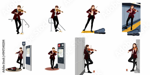 Collection of flat vector illustrations depicting male and female buskers playing violin in various urban subway station settings.