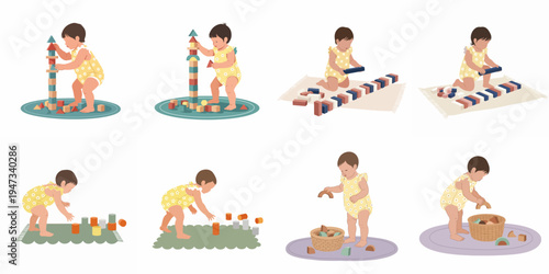 A set of flat illustrations showing a toddler girl in a yellow romper playing with wooden blocks and toys on rugs.