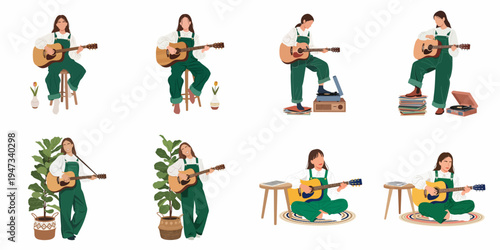 Flat Vector Illustration Set of a Young Woman in Green Overalls Playing Acoustic Guitar in Various Poses at Home