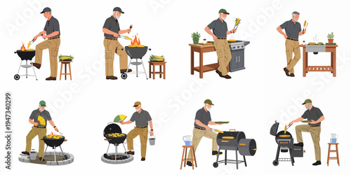 Set of illustrations featuring a senior man cooking corn on various barbecue grills, including kettle, gas, and smokers, isolated on white background.