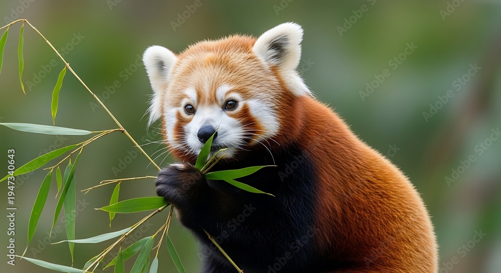 Fototapeta premium Cute Red Panda Eating Bamboo Leaves in Forest