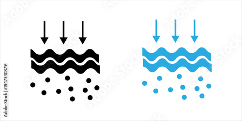 Minimal black outline icon illustrating a filtration process where particles are separated from liquid. Suitable for concepts of water purification, filtration technology, environmental protection, an