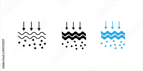Minimal black outline icon illustrating a filtration process where particles are separated from liquid. Suitable for concepts of water purification, filtration technology, environmental protection, an