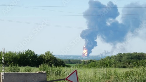 Massive explosion and fire engulfing industrial facility with thick black smoke billowing into the sky, symbolizing destruction and disaster.