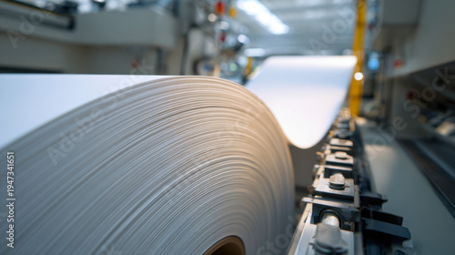 Large roll of paper being processed and wound at high speed on an industrial machine in a modern manufacturing facility with blurred background lighting