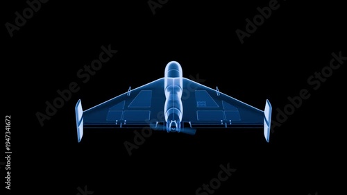 A 3D animation of a kamikaze drone. The drone is a hologram. It rotates 360 degrees. The rotation is seamless.