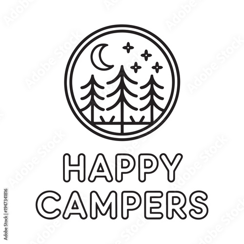 A minimalist design featuring trees moon stars and the text happy campers