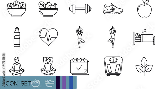 Print Minimalist Health and Wellness Icon Set Featuring Nutrition Fitness Mindfulness and Healthy Lifestyle Habits for Digital Wellness and Medical Apps